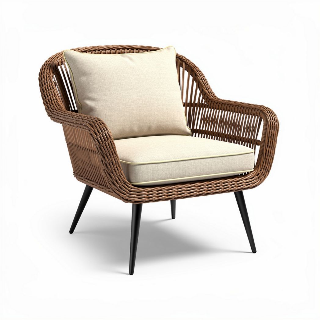 Fauteuil en rotin tressé avec coussin en tissu beige dimensions 80 x 70 x 85cm