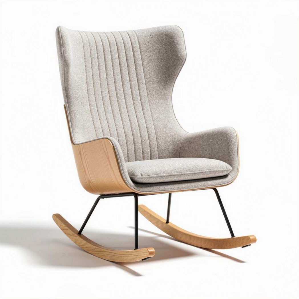 Chaise berçante en bois et tissu gris avec dimensions 80 x 70 x 105cm