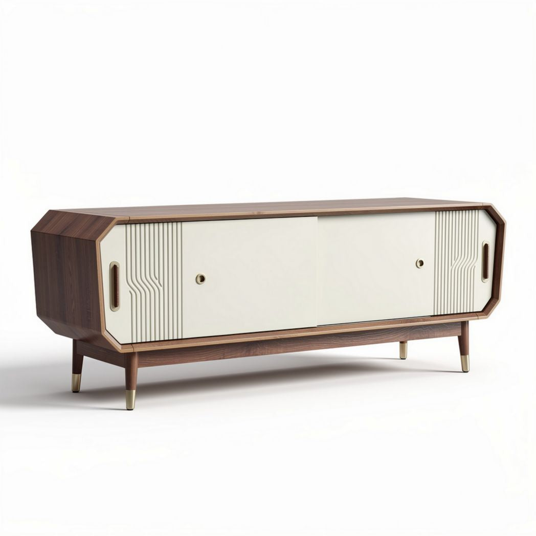 Buffet en bois massif avec portes blanches et finitions en métal 150 x 50 x 70cm