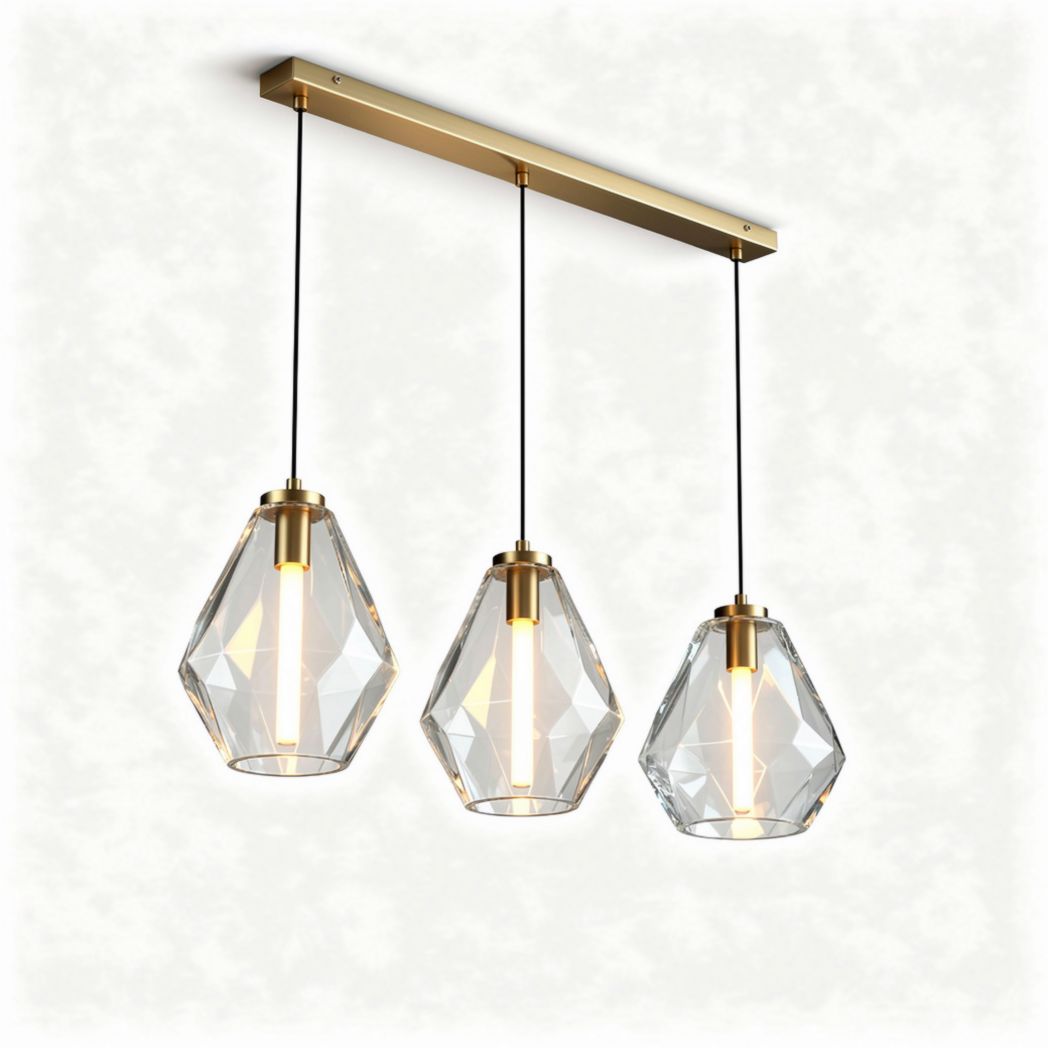 Suspension en verre transparent avec support doré trois lumières 30 x 30 x 120cm