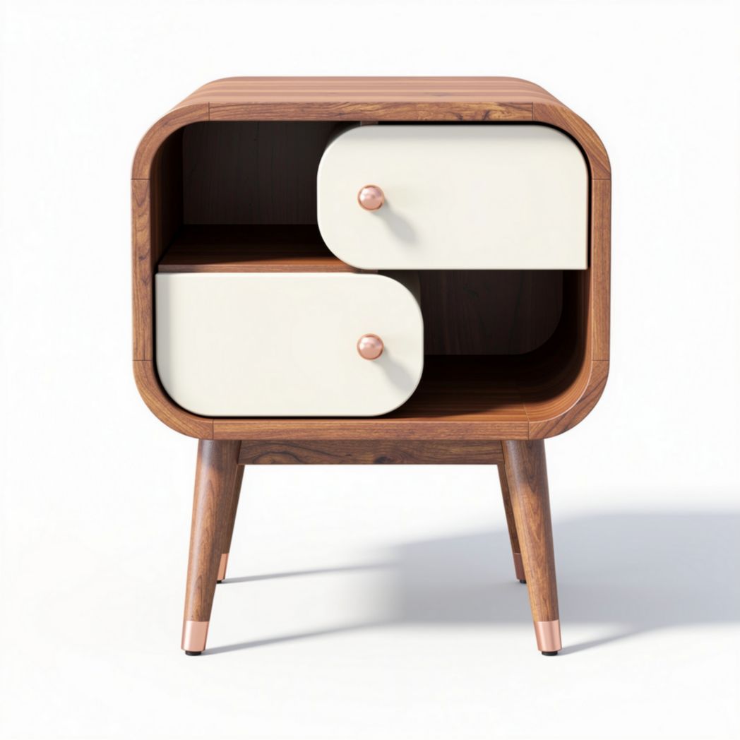 Table de chevet en bois avec tiroirs blancs et pieds en métal rose 50 x 40 x 40cm