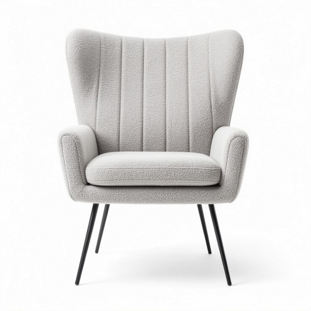 Fauteuil en tissu bouclé gris clair avec pieds en métal noir dimensions 65 x 80 x 100cm