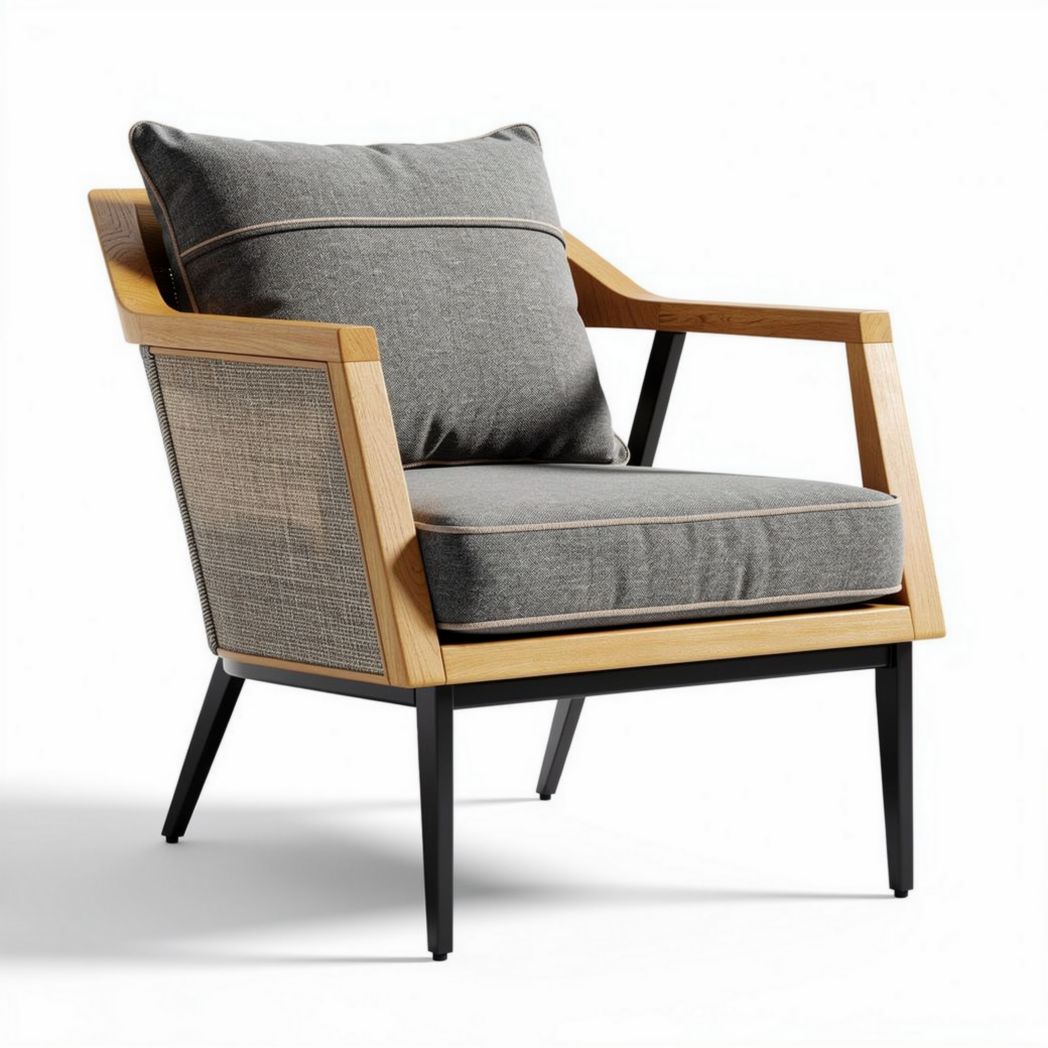 Fauteuil en bois naturel et métal noir avec coussin gris 70 x 80 x 85cm